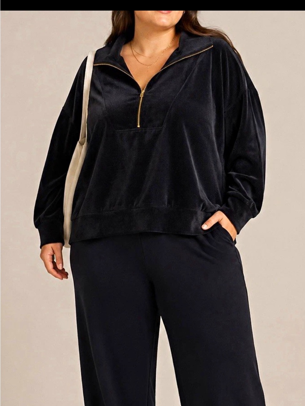 Halston Heritage Black Velvet Half-Zip Bomber Pullover with Gold Hardware